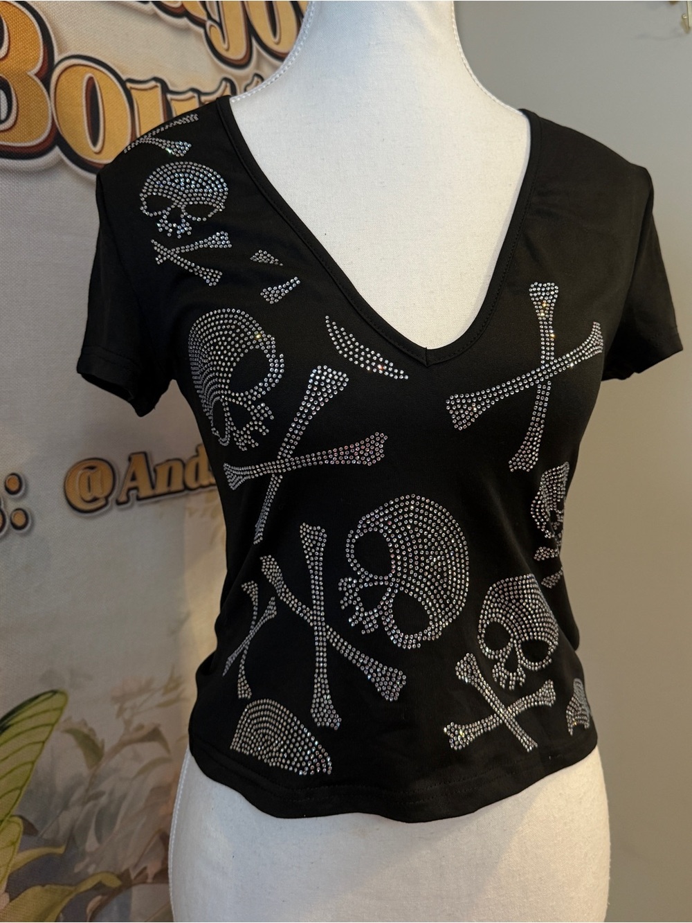 Black Skull & Crossbones V-Neck Tee - Rhinestone Detail